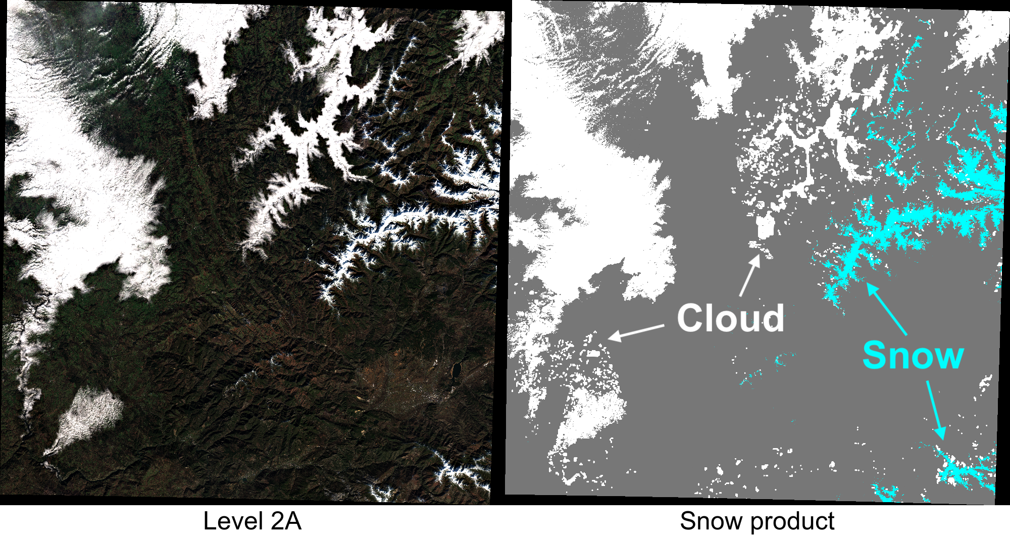 Theia Sentinel-2 level 2A and snow product in the region de los Ancares, Spain. Image captured by Sentinel-2A on 30 Jan 2018.