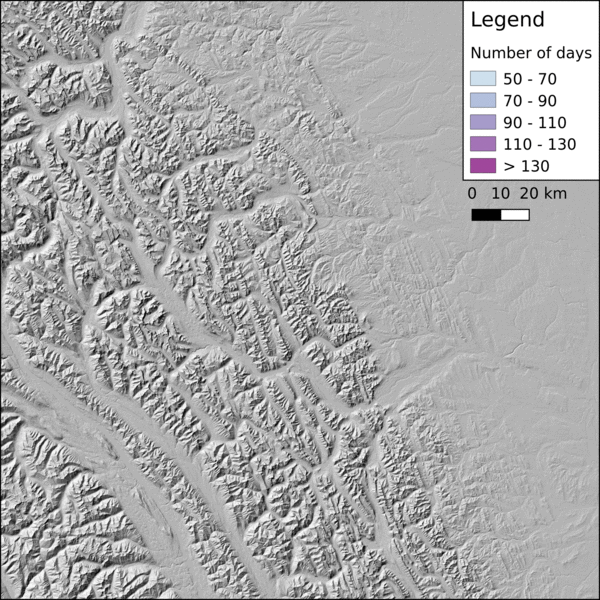 Snow cover duration from 01 Mar 2018 to 01 Aug 2018 over Sentinel-2 tiles 11UNS, 11UNT, 11UPS, 11UPT