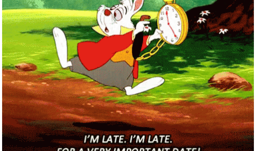 The rabbit of Alice in Wonderland is late, showing a big clock